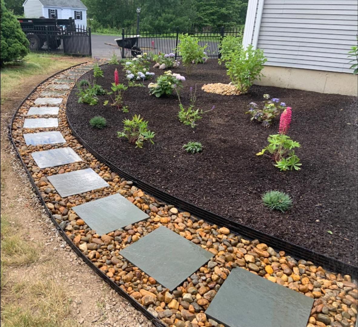Curved mulched garden bed with young perennials and lupines beside a flagstone-and-river-rock path