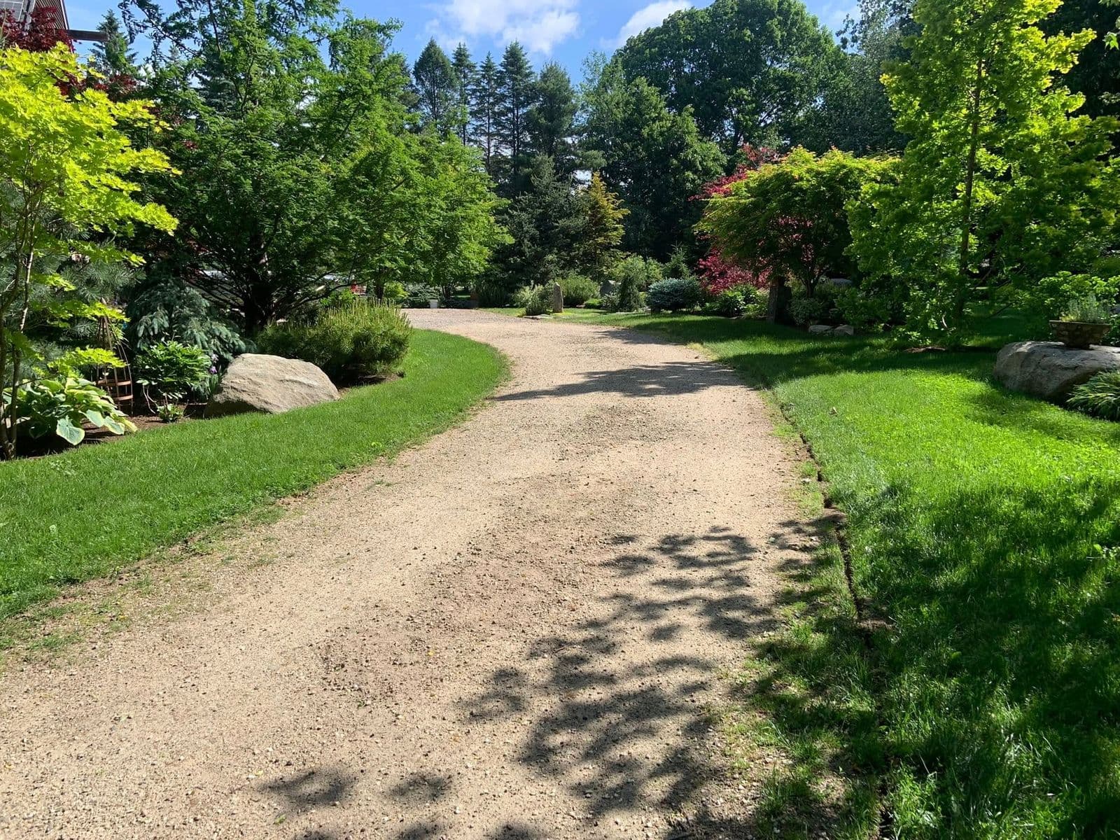 Sunlit gravel path bordered by green lawn, boulders, and layered plantings
