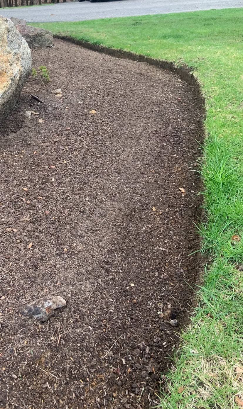 Freshly graded curved soil bed edged against a green lawn near a boulder and road