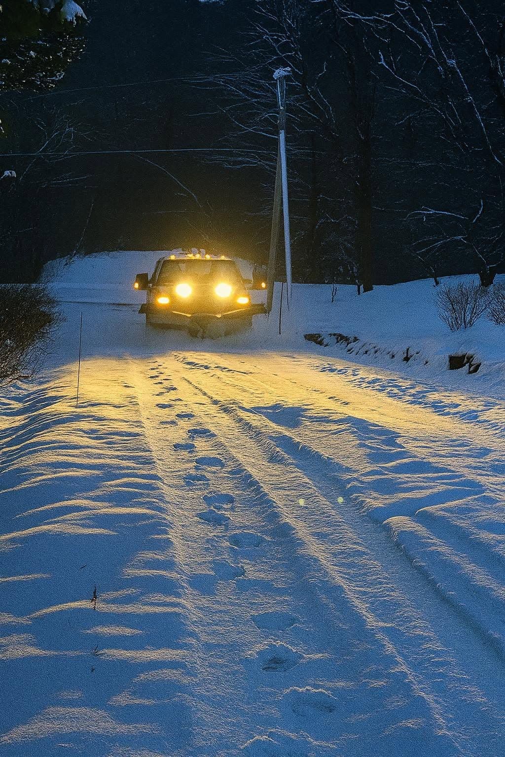 Plow truck with headlights on clearing a snowy road at dusk